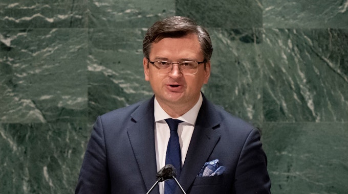 Dmytro Kuleba, Außenminister der Ukraine, spricht in der UN-Vollversammlung am Sitz der Vereinten Nationen.