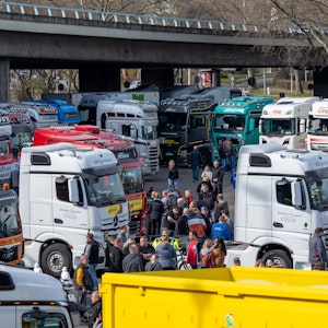 Zugmaschinen stehen auf dem Parkplatz an der Kölner Messe. Dort demonstrierten Lkw-Fahrer gegen die hohen Dieselpreise.