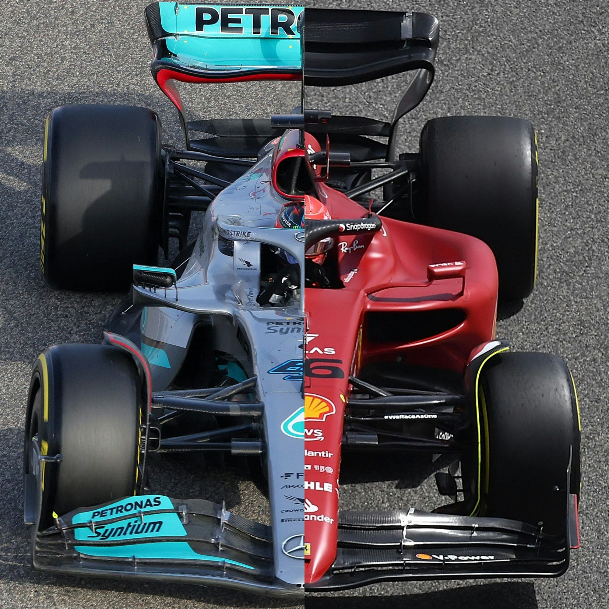 Ein Split-Screen-Foto der Autos von Mercedes und Ferrari.