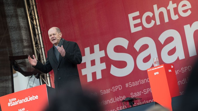 Bundeskanzler Scholz am Freitag (18. März) bei der Wahlkampfveranstaltung im Saarland.