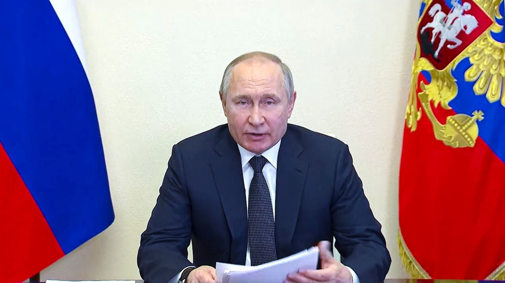 Russlands Präsident Wladimir Putin bei seiner aggressiven Rede am 16. März 2022.
