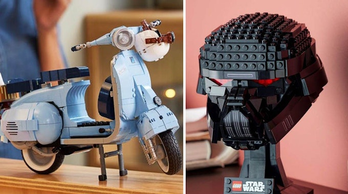 Lego Creator Expert Vespa 125 und Star Wars Dark-Trooper-Helm auf dem Tisch. Bild für Lego Neuheiten März 2022 Artikel.