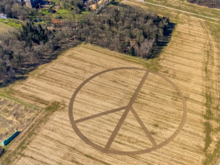 Ein Essener Landwirt hat am 18. März 2022 mit seinem Traktor ein Peace-Zeichen mit einem Durchmesser von 300 Metern in ein Maisfeld gezeichnet.