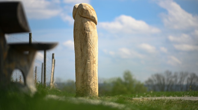 Ein hölzerner Penis steht neben einer Obstplantage an einem Aussichtspunkt. Wer das Phallussymbol aufgestellt hat, ist unbekannt.
