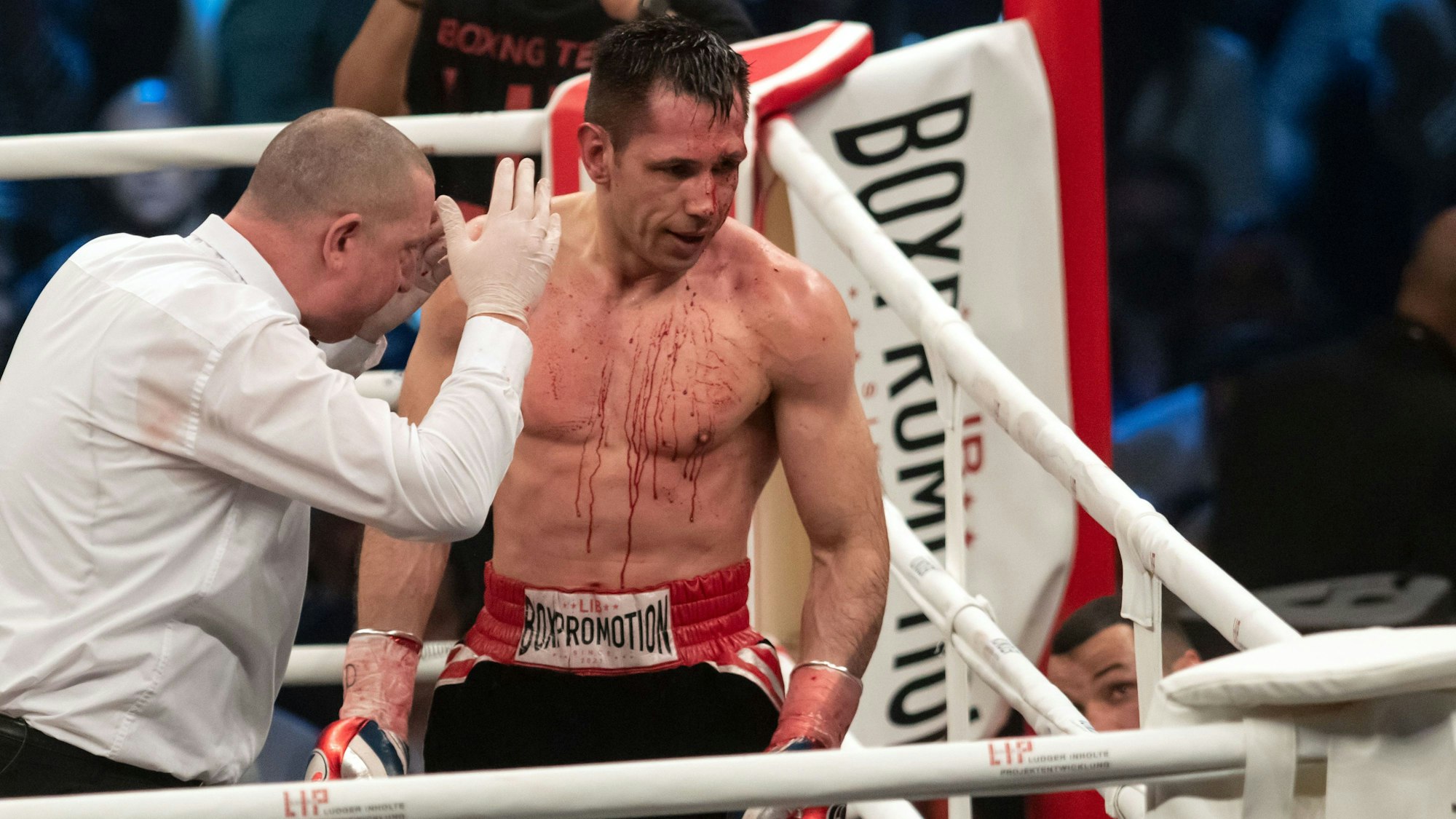 Der blutüberströmte Boxer Felix Sturm neben einem Ringrichter.