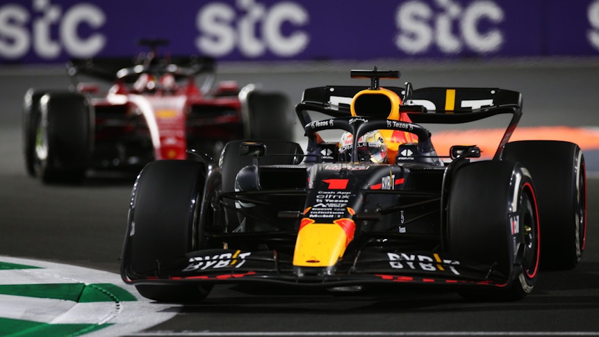 JEDDAH, SAUDI ARABIA - MARCH 27: Max Verstappen of the Netherlands driving the (1) Oracle Red Bull Racing RB18 leads Charles Leclerc of Monaco driving (16) the Ferrari F1-75 during the F1 Grand Prix of Saudi Arabia at the Jeddah Corniche Circuit on March 27, 2022 in Jeddah, Saudi Arabia. (Photo by Peter Fox/Getty Images)