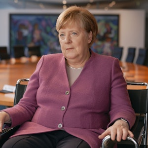 Angela Merkel beim Interview im Bundeskanzleramt. Das Foto wurde am 14.02.2022 aufgenommen.