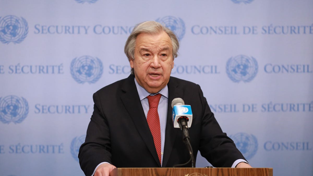 Antonio Guterres, Generalsekretär der Vereinten Nationen, spricht im UN-Hauptquartier in New York zur Presse.