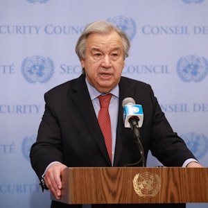 Antonio Guterres, Generalsekretär der Vereinten Nationen, spricht im UN-Hauptquartier in New York zur Presse.