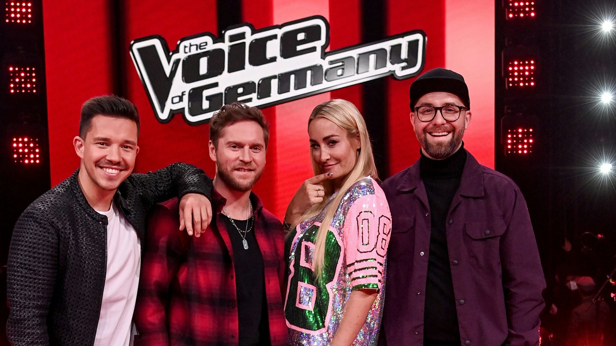 Die Coaches Nico Santos, Johannes Oerding, Sarah Connor und Mark Forster am Rande der Fernsehshow „The Voice of Germany“.