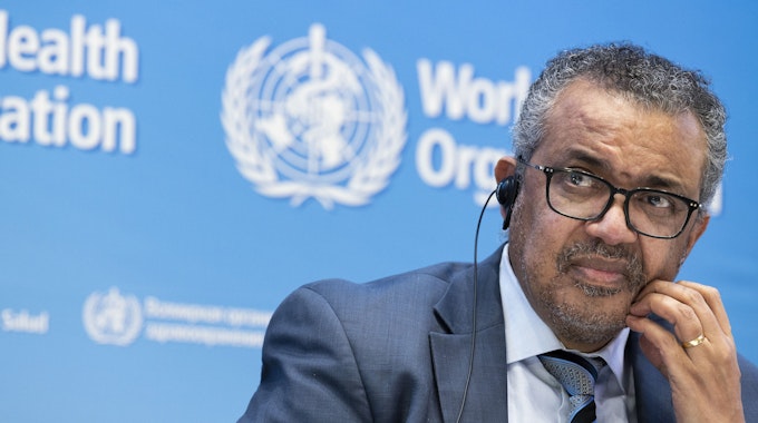 Tedros Adhanom Ghebreyesus, Generaldirektor der Weltgesundheitsorganisation (WHO), spricht bei einer Pressekonferenz im Hauptsitz der WHO über das Coronavirus und die globalen Gesundheitsprioritäten im Jahr 2022.
