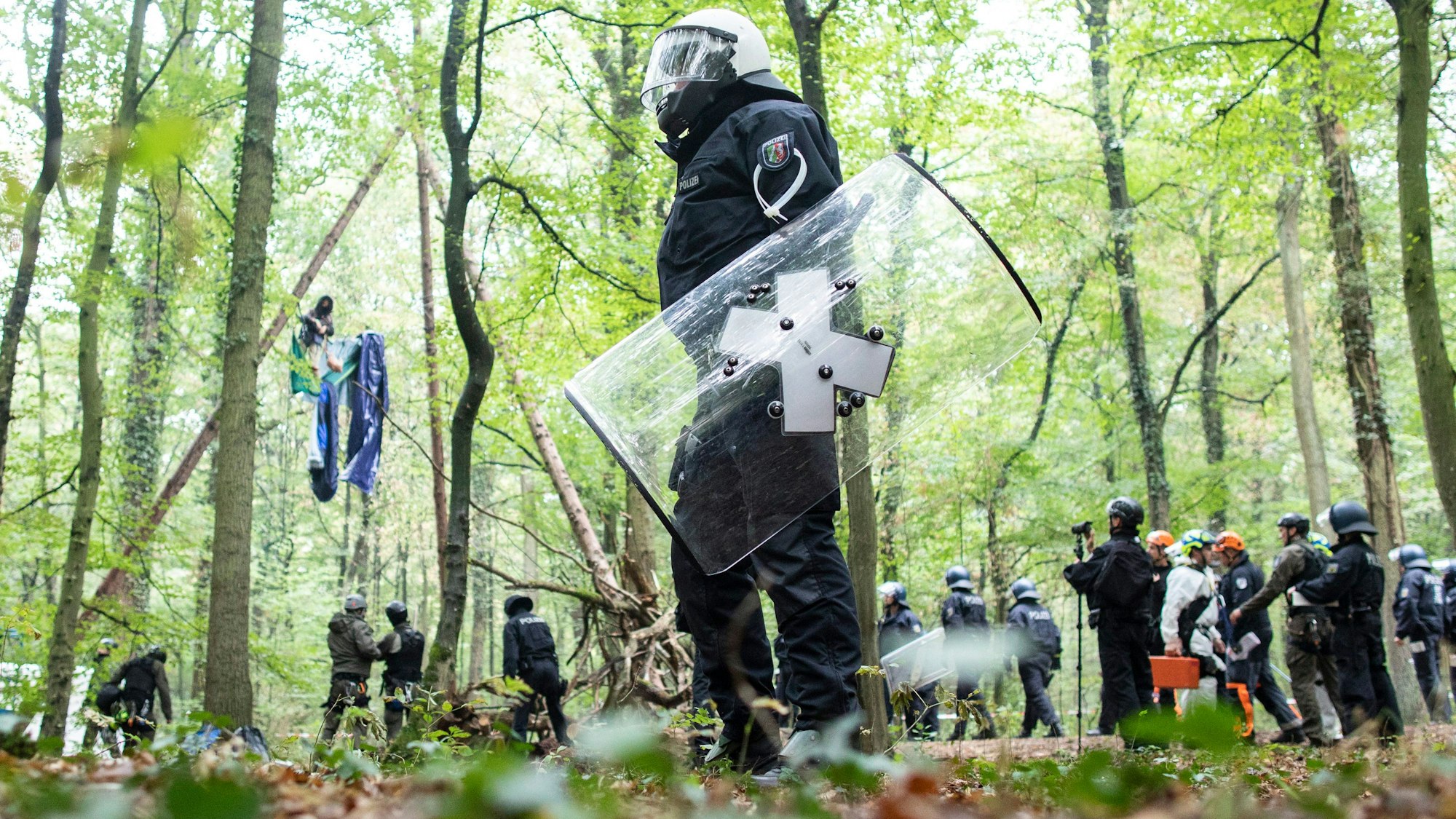 Ein Polizist mit Schlagstock steht bei einer Räumung im Hambacher Forst.