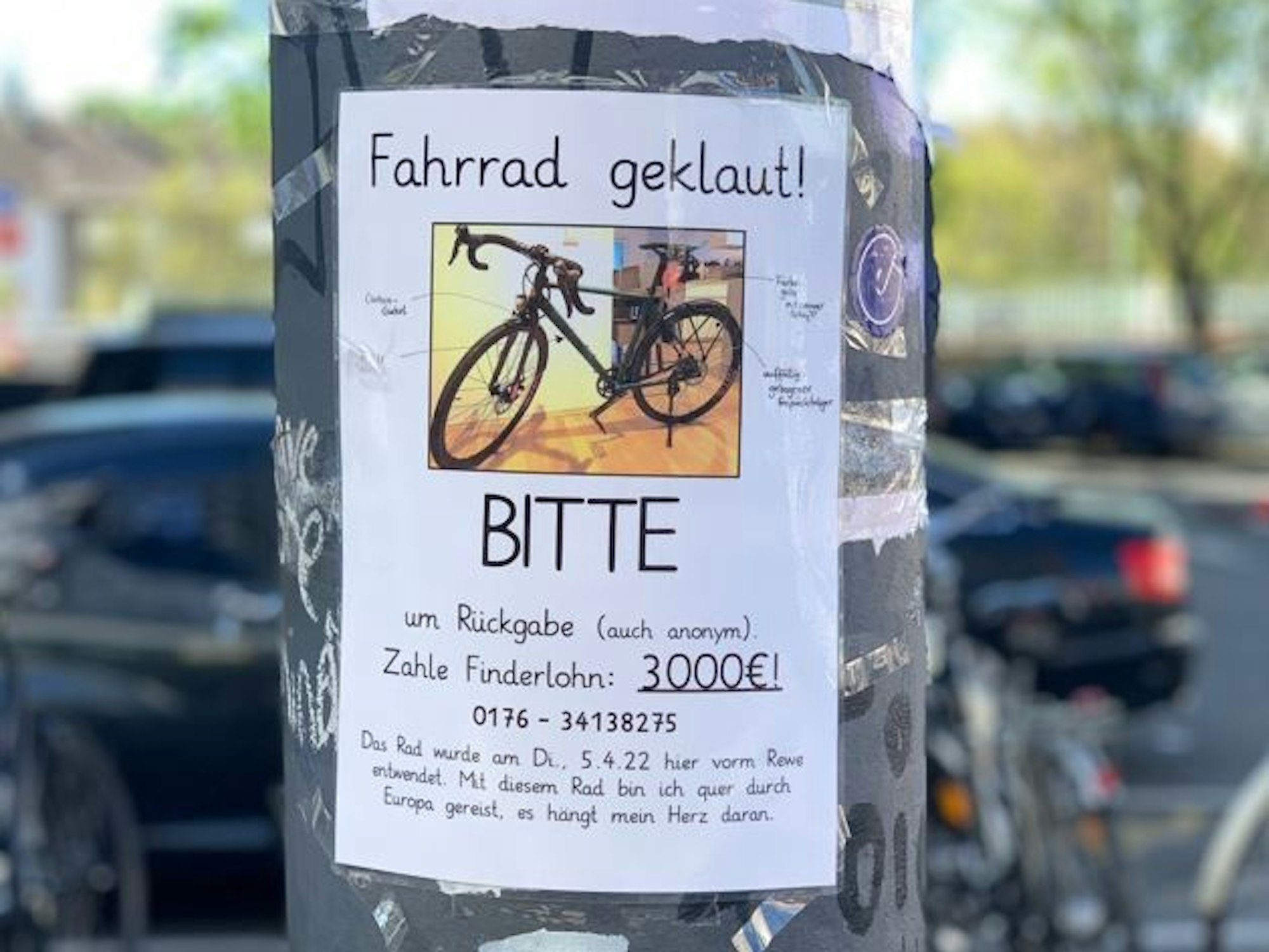 Ein Zettel mit einem Foto von einem Fahrrad hängt an einem Laternenmast.Mit diesem Foto sucht Moritz Fischer (40) nach seinem geklauten Fahrrad. Dem Finder verspricht er 3000 Euro Finderlohn.