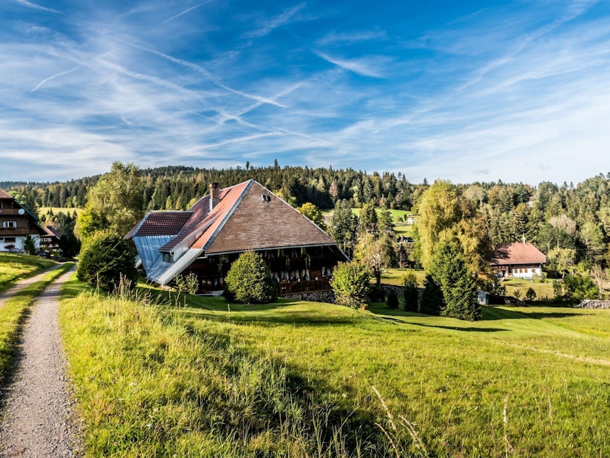 Auf dem Fernwanderweg „Schluchtensteig“ reihen sich traditionelle Schwarzwald-Häuser ein.