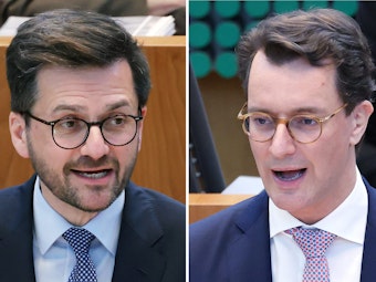 Thomas Kutschaty (SPD,l.) und Ministerpräsident Hendrik Wüst (CDU) gehen am 15. Mai 2022 als Spitzenkandidaten ihrer Parteien bei der  Landtagswahl in Nordrhein-Westfalen ins Rennen.