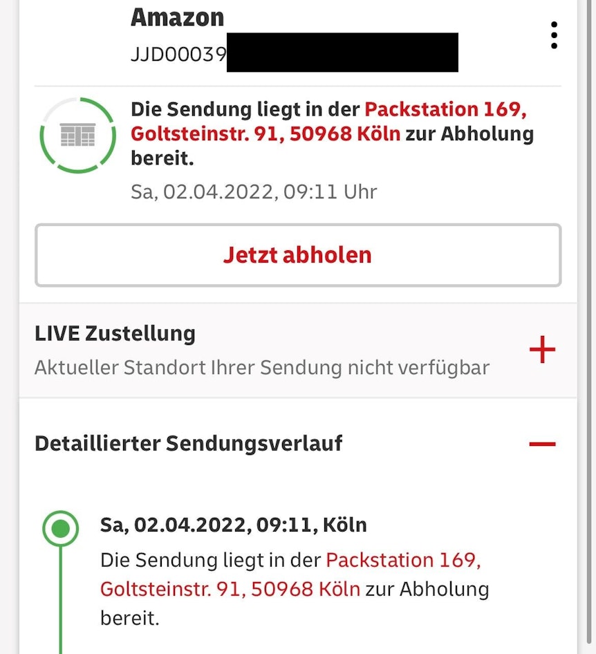 Der Sendungsverlauf zeigt: Das Paket von Phillip S. liegt offenbar immer noch in der DHL-Packstation in Köln-Bayenthal.