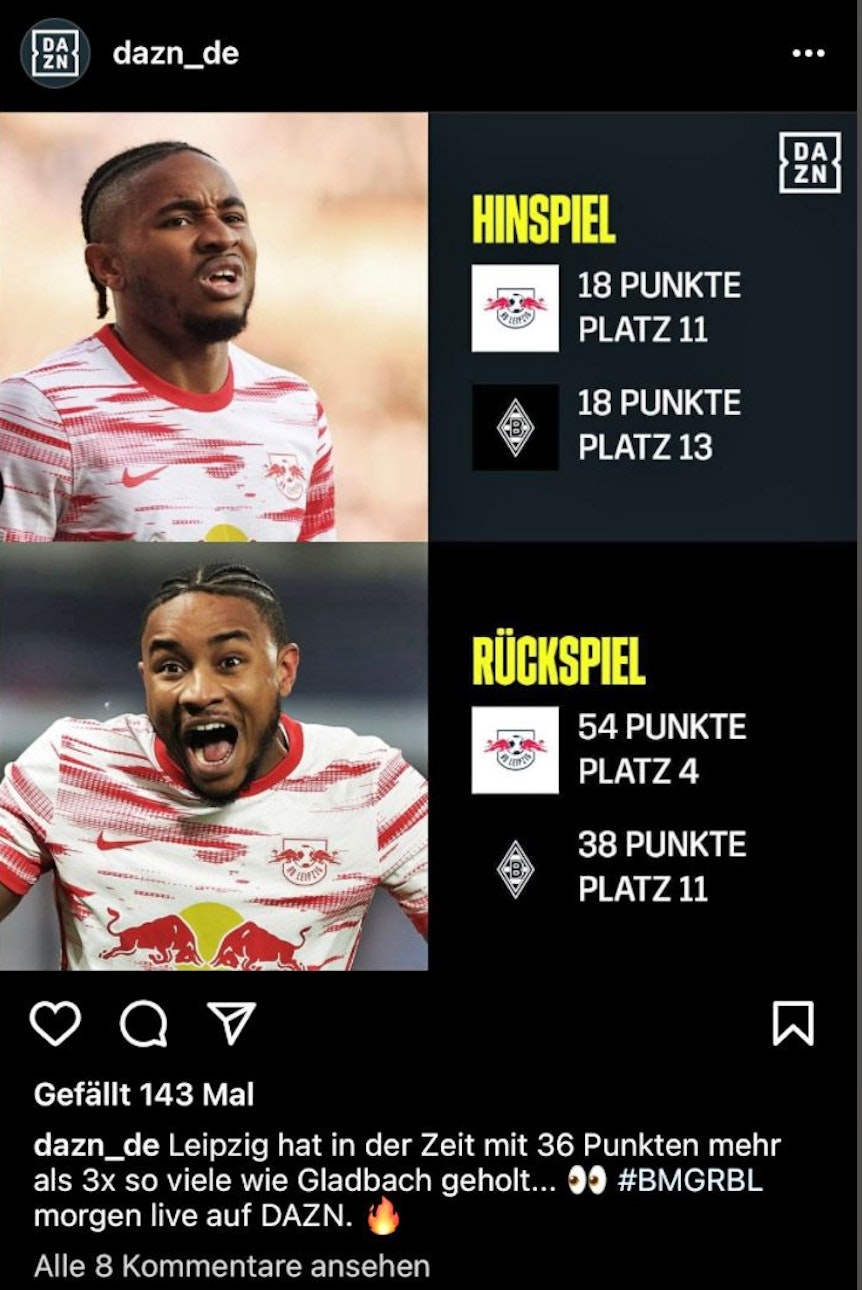 Da ist am Sonntag (1. Mai 2022), vor dem Bundesliga-Spiel von Borussia Mönchengladbach gegen RB Leipzig (2. Mai), auf dem Instagram-Kanal von „DAZN“ etwas durcheinander geraten.