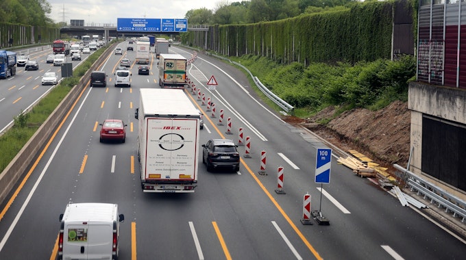 Fahrzeuge fahren auf der Autobahn A3 durch eine Baustelle in Höhe der Abfahrt Köln-Dellbrück.