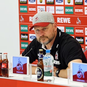Steffen Baumgart spricht auf der Pressekonferenz des 1. FC Köln.