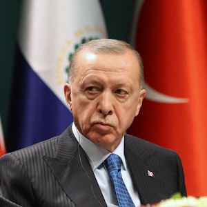Der türkische Präsident Recep Tayyip Erdogan im Januar 2022 auf einer Pressekonferenz in Ankara.