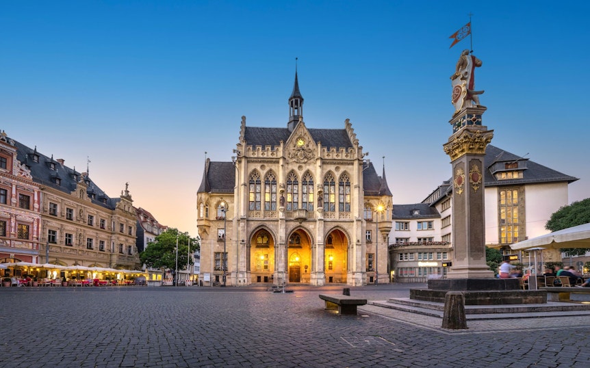 Panorama of Fischmarkt square with historic Town Hall in Erfurt, Germany