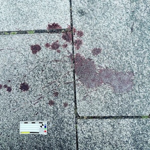 Eine Blutspur auf dem Boden.