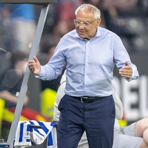 Felix Magath steht neben der Trainerbank von Hertha BSC