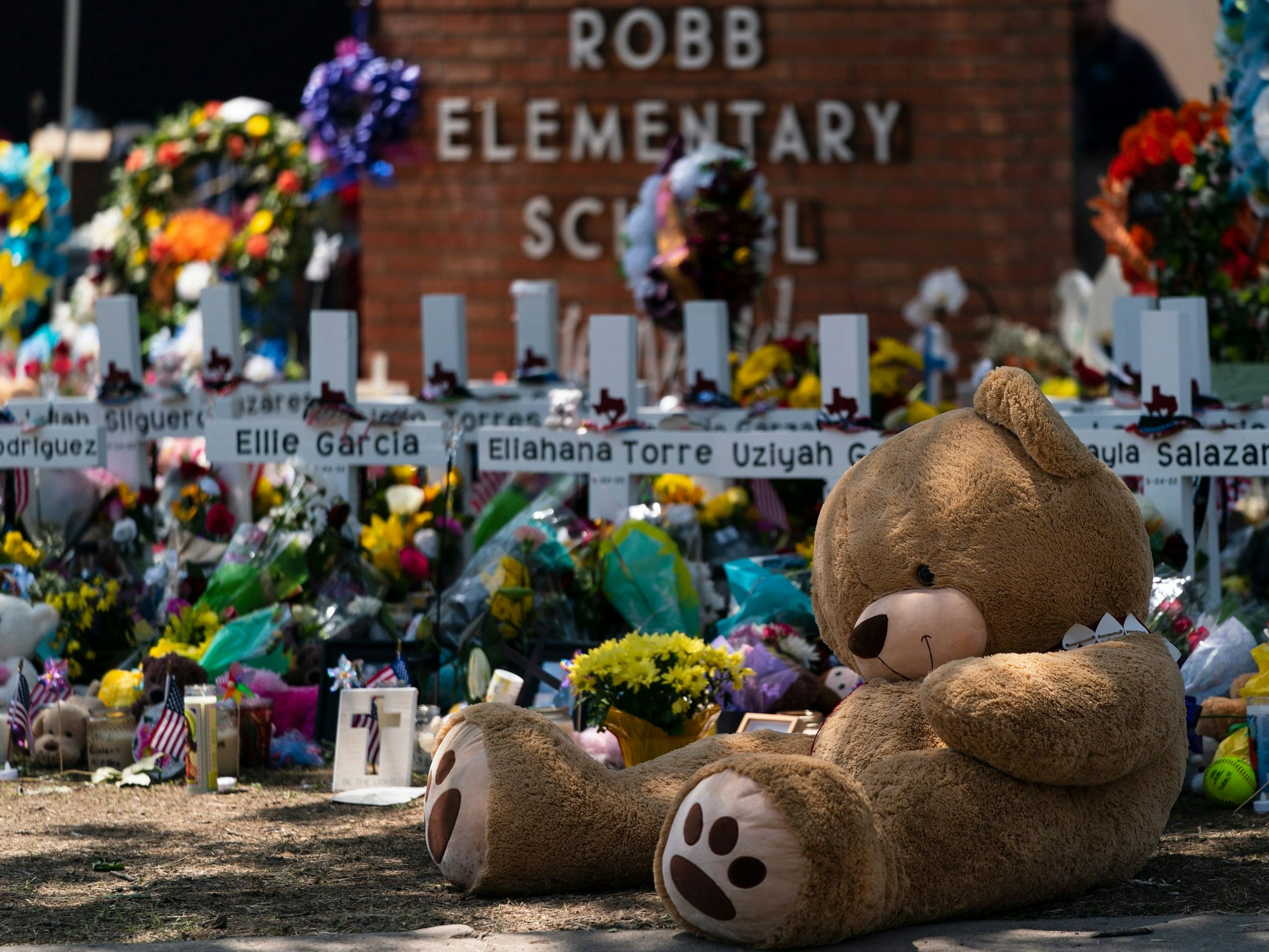 Ein großer Teddy-Bär und viele Blumen liegen vor der Gedenkstätte der Grundschule in Uvalde, Texas.