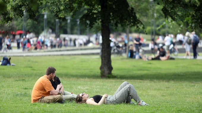 Menschen liegen auf einer Wiese in Köln in der Sonne.