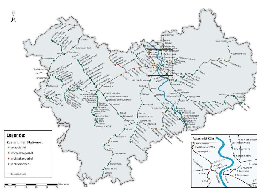 Karte mit Bewertung aller Bahnhöfe im NVR-Gebiet.