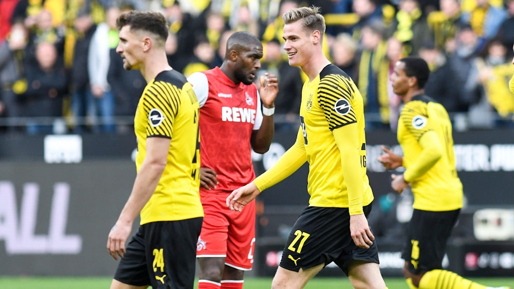 Künftig wohl Sturmkollegen: Steffen Tigges und Anthony Modeste beim Bundesliga-Duell zwischen Borussia Dortmund und dem 1. FC Köln am 30. Oktober 2021.