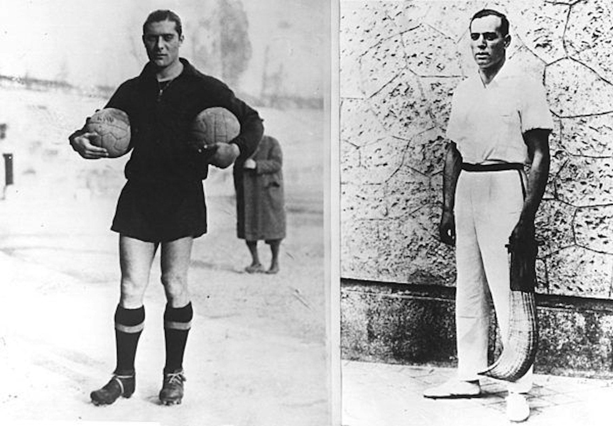 Links posiert Giuseppe Meazza mit zwei Bällen im arm, rechts steht Ricardo Zamora für ein Bild bereit.