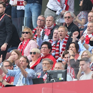 FC-Präsident Werner Wolf und Vize Eckhard Sauren beim Bundesliga-Heimspiel des 1. FC Köln gegen den VfL Wolfsburg am 7. Mai 2022