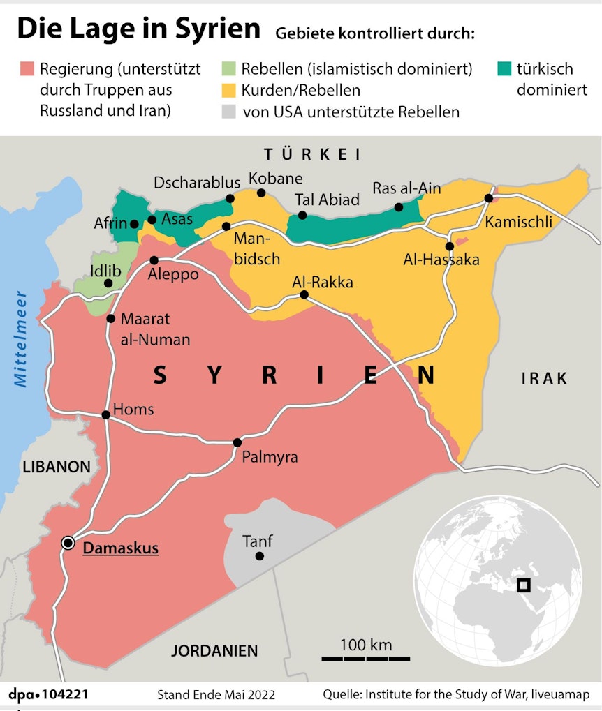 Die Karte zeigt Syrien und die von welchen Parteien kontrollierten Gebiete