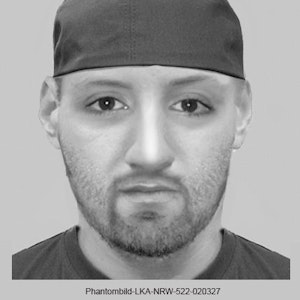 Phantombild eines Mannes mit Kappe und Bart. Er wird von der Polizei gesucht.