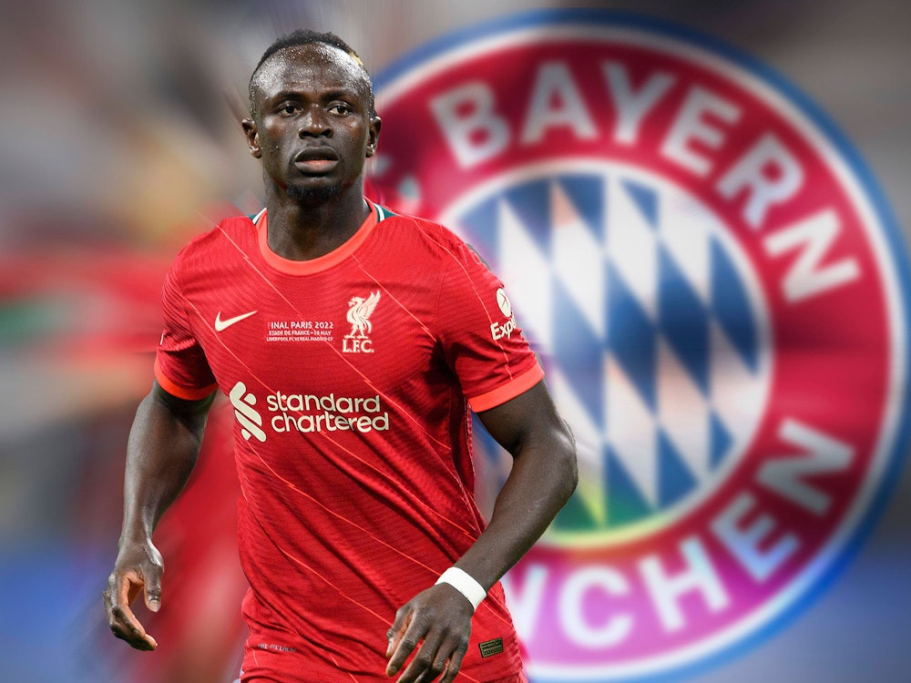 Sadio Mané im Liverpool-Trikot auf einer Fotomontage – Im Hintergrund das Logo des FC Bayern München.