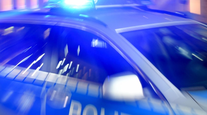 Ein Streifenwagen der Bundespolizei steht 2015 mit eingeschaltetem Blaulicht in Flensburg (Schleswig-Holstein) in der Ausfahrt einer Garage.