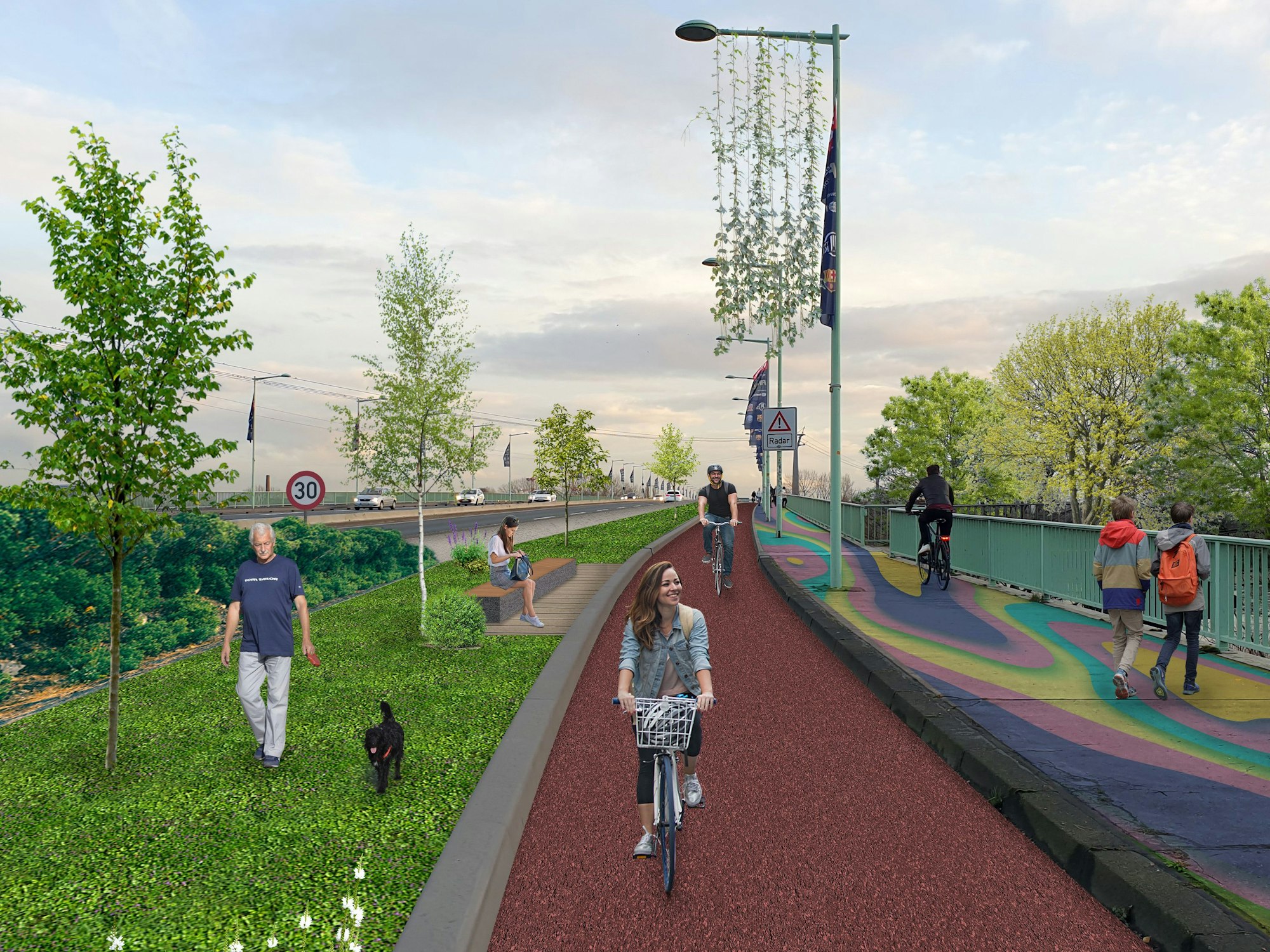 Eine Visualisierung der Kölner Zoobrücke mit Grünanlagen, ausgebautem Fahrradweg und einem bunten Fußgängerweg.