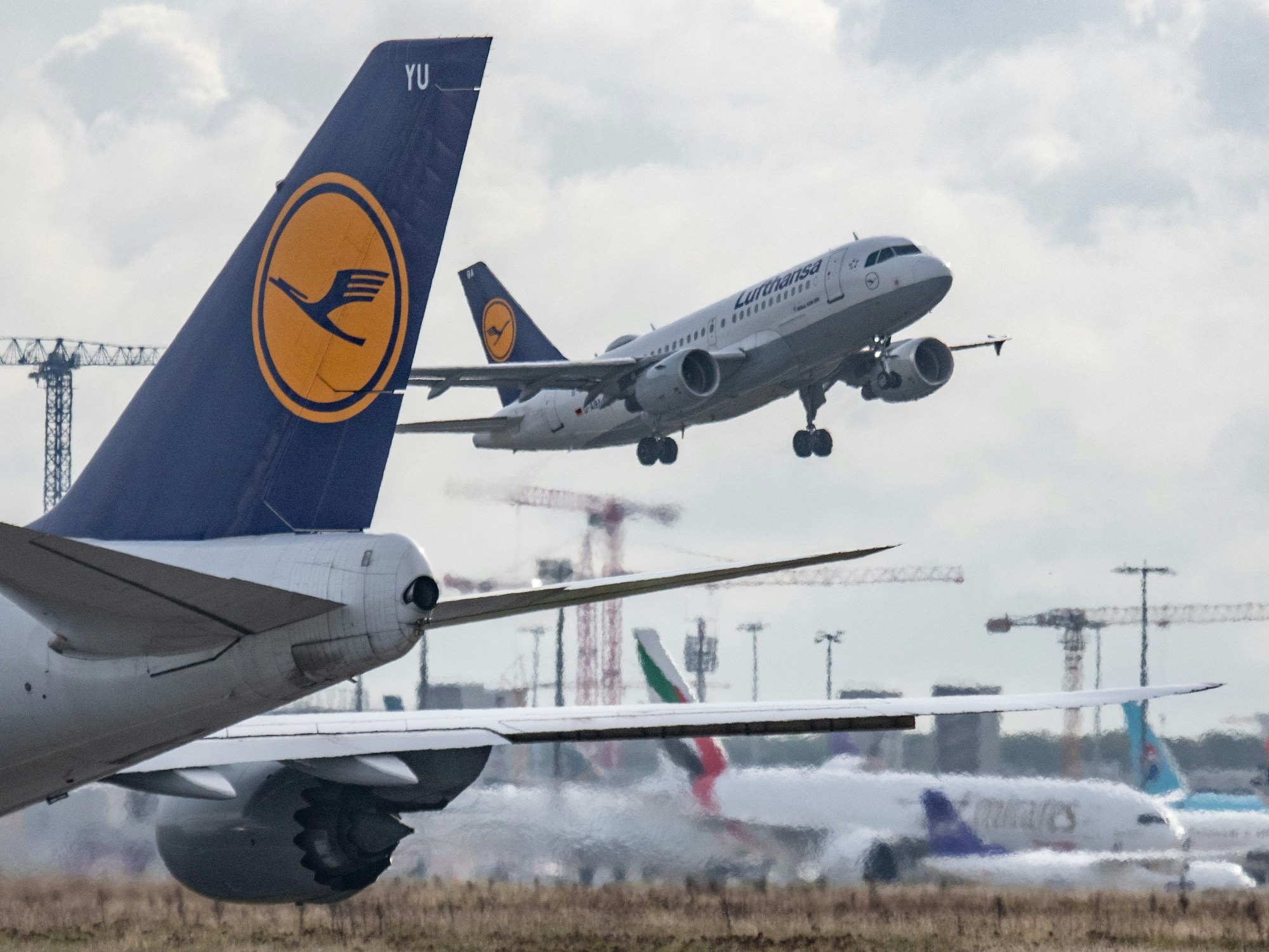 Eine Passagiermaschine der Lufthansa landet auf dem Frankfurter Flughafen.