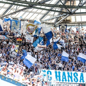 Die Fans des FC Hansa Rostock schwenken Fahnen in der Kurve des Ostseestadions.