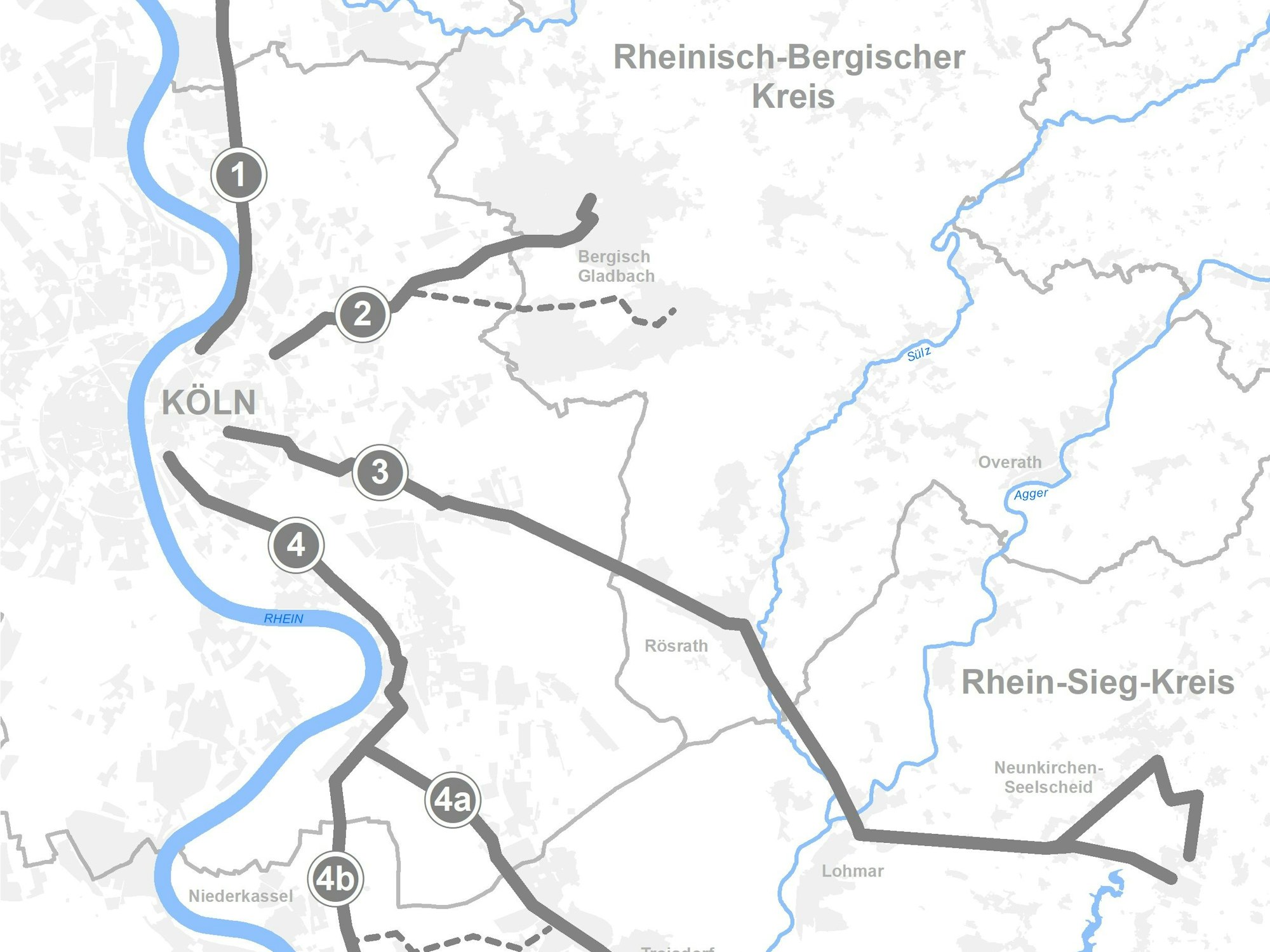 Eine Übersichtskarte zu Rad-Pendler-Routen im Umland von Köln.