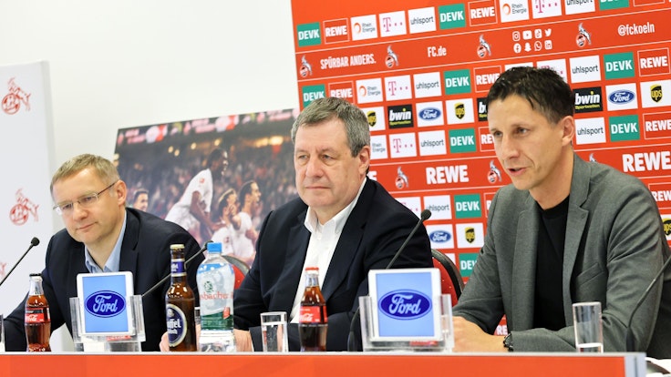 FC-Geschäftsführer Christian Keller, Präsident Werner Wolf und Vize Eckhard Sauren am 4. April 2022 im Geißbockheim