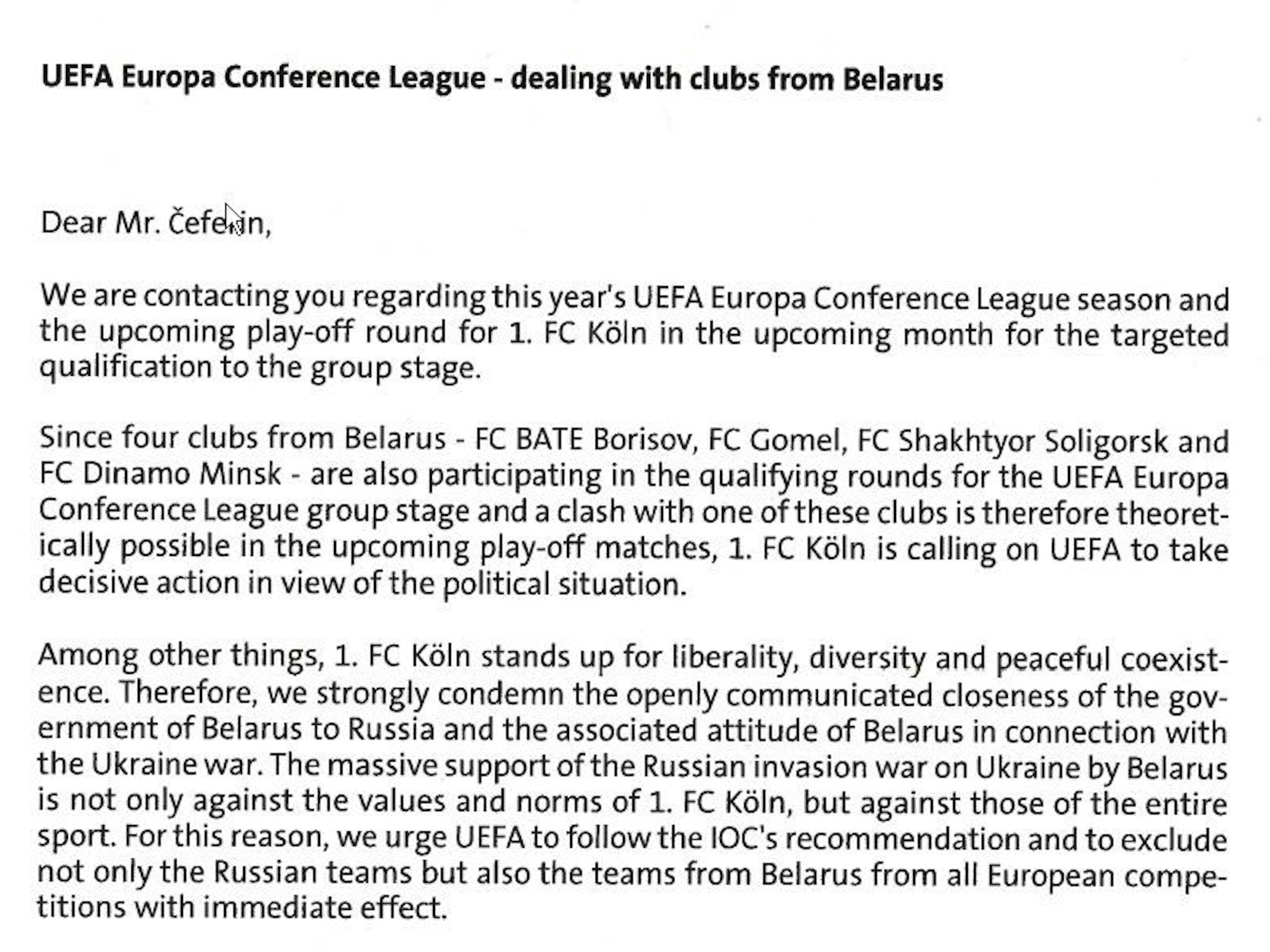 Der Beginn des Briefes an UEFA-Präsident Aleksander Ceferin: Der 1. FC Köln fordert darin den Ausschluss belarussischer Klubs aus den internationalen Wettbewerben.