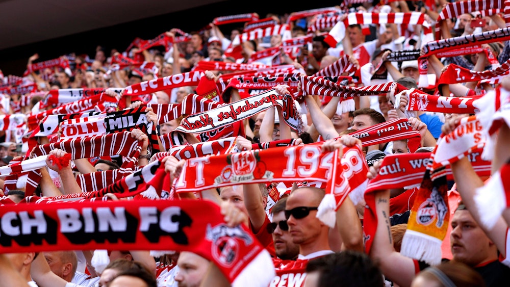 Fans des 1. FC Köln halten beim Testspiel gegen den italienischen Meister AC Mailand am 16. Juli 2022 Schals in die Höhe.