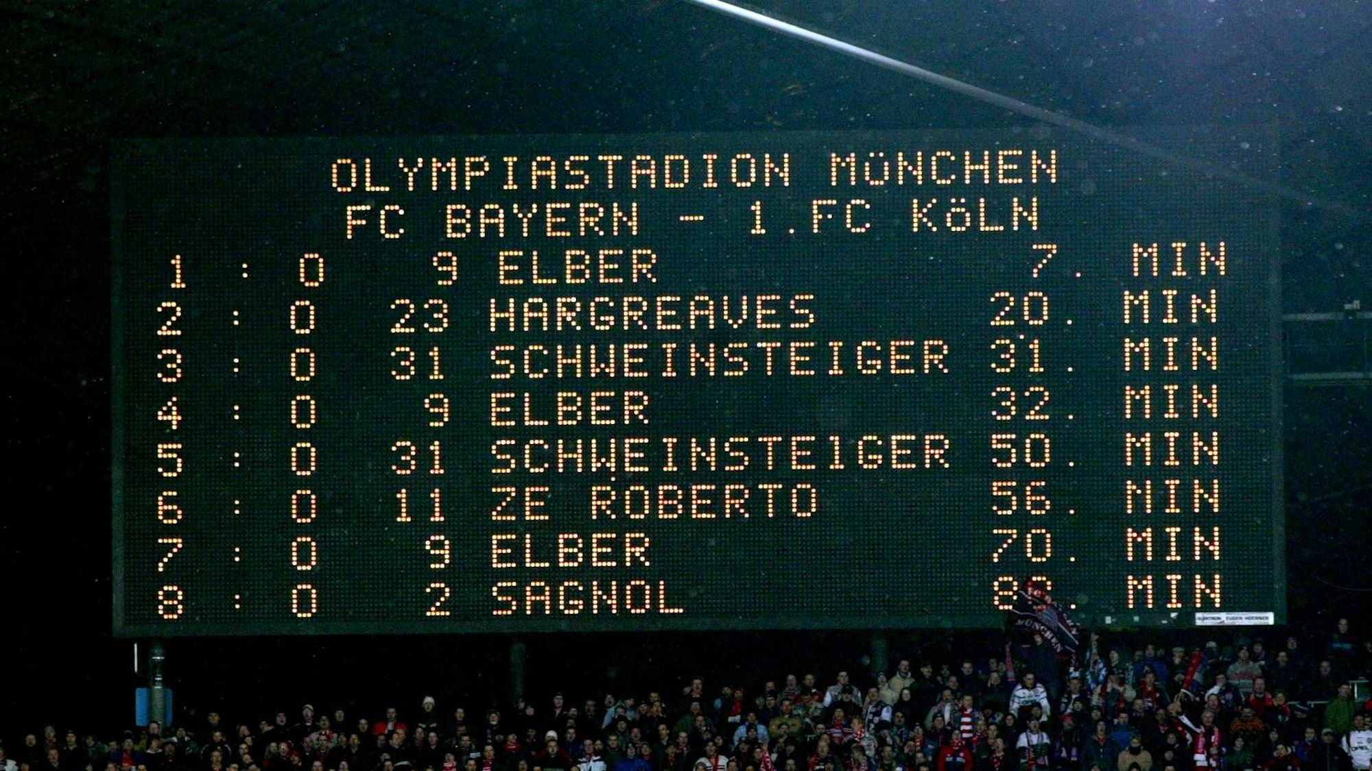 Auf der Anzeigetafel im Olympiastadion sind die Bayern-Torschützen namentlich aufgeführt: Giovanne Elber mir drei Treffern, Bastian Schweinsteiger mit zwei Treffern, Owen Hargreaves, Willy Sagnol und Zé Roberto mit je einem Treffer.