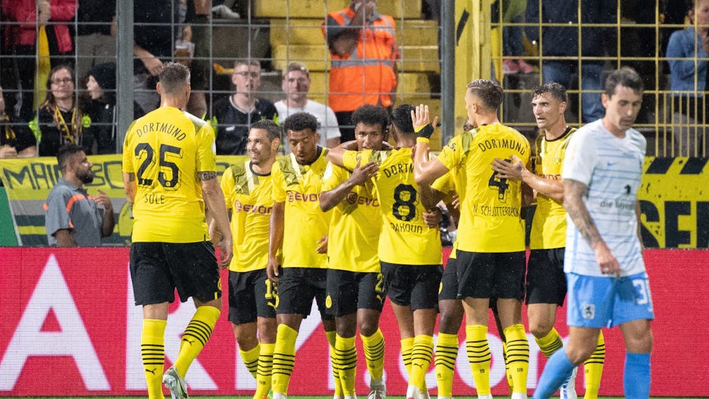 Die Spieler von Borussia Dortmund jubeln über den Treffer zum 0:3.