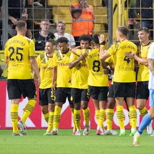 Die Spieler von Borussia Dortmund jubeln über den Treffer zum 0:3.