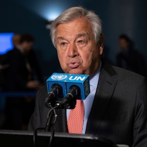 Antonio Guterres, Generalsekretär der Vereinten Nationen, hält am 1. August eine Rede vor der Konferenz zur Überprüfung des Atomwaffensperrvertrags (NVV) 2022 in der Generalversammlung der Vereinten Nationen.