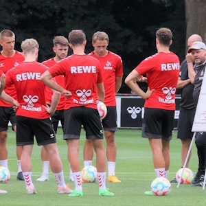 Steffen Baumgart spricht im Training des 1. FC Köln an einer Taktik-Tafel mit seiner Mannschaft