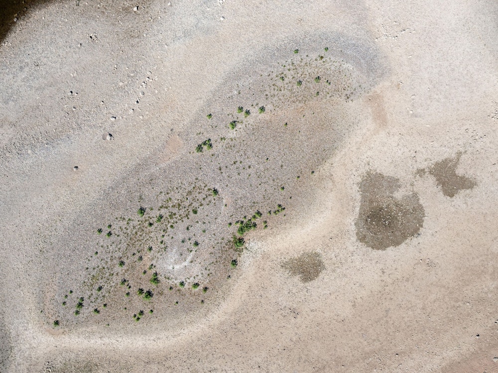 Eine Luftaufnahme vom 7. August 2022 von den PollerWiesen in Köln-Poll zeigt Sand- und Kiesbänke, die einer Wüstenlandschaft ähneln.